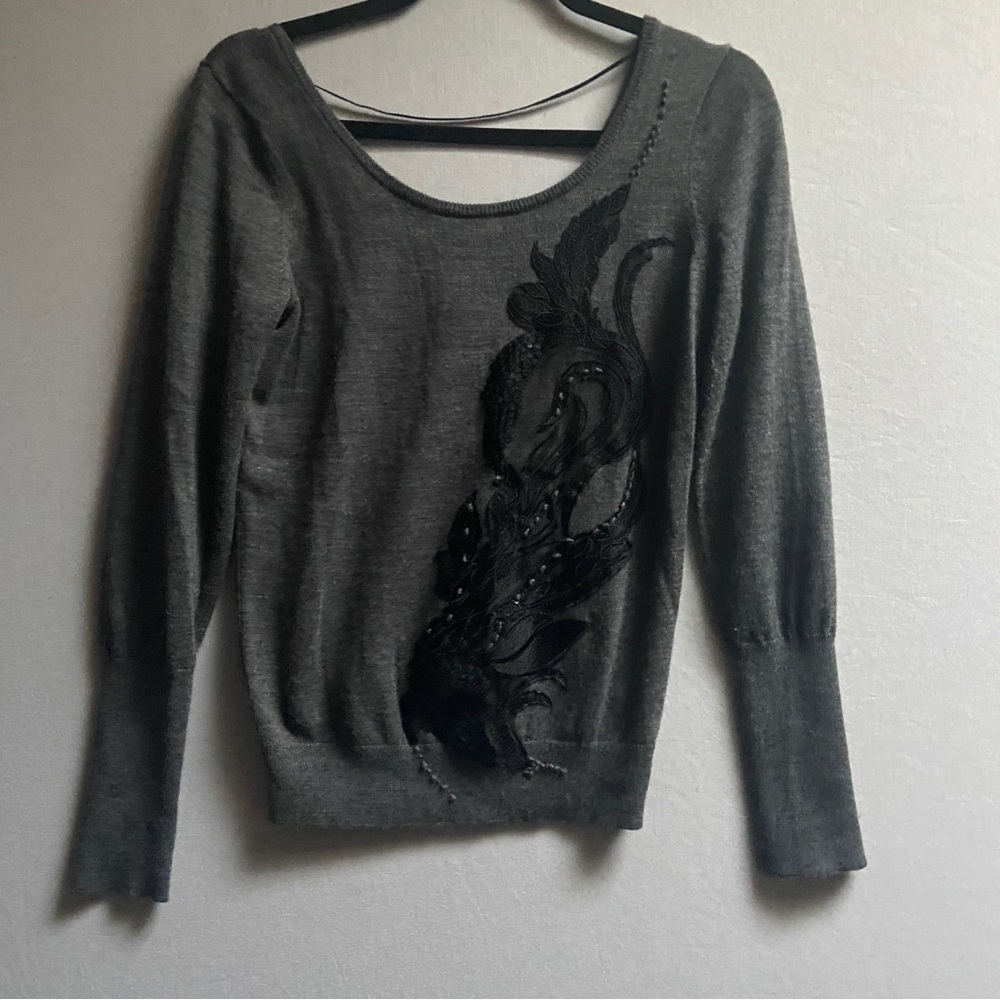 Angel of the North Anthropologie Gray Wool Blend Floral Embroidered Sweater Sz S
